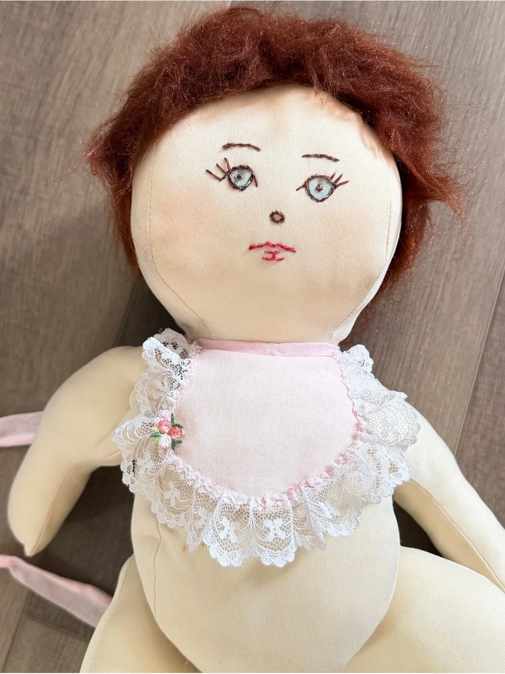 Vintage Handcrafted Soft Sculptured Old Doll Pink Dress Bonnet 21” Socks Daddy